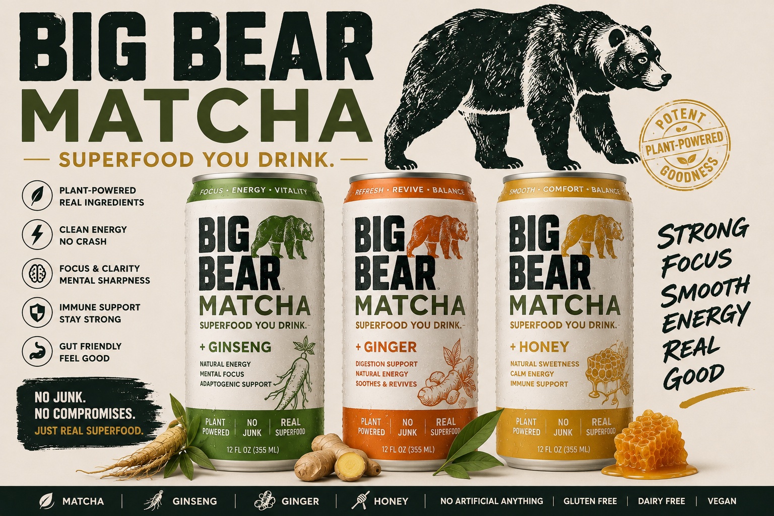 Big Bear Matcha with ginseng, ginger and honey